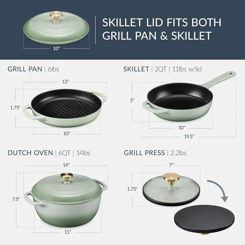 Cookware Set: 2Qt Non-Stick Skillet with Lid, 10 Cast Iron Grill Pan, 6Qt Enameled Dutch Oven - Sage
