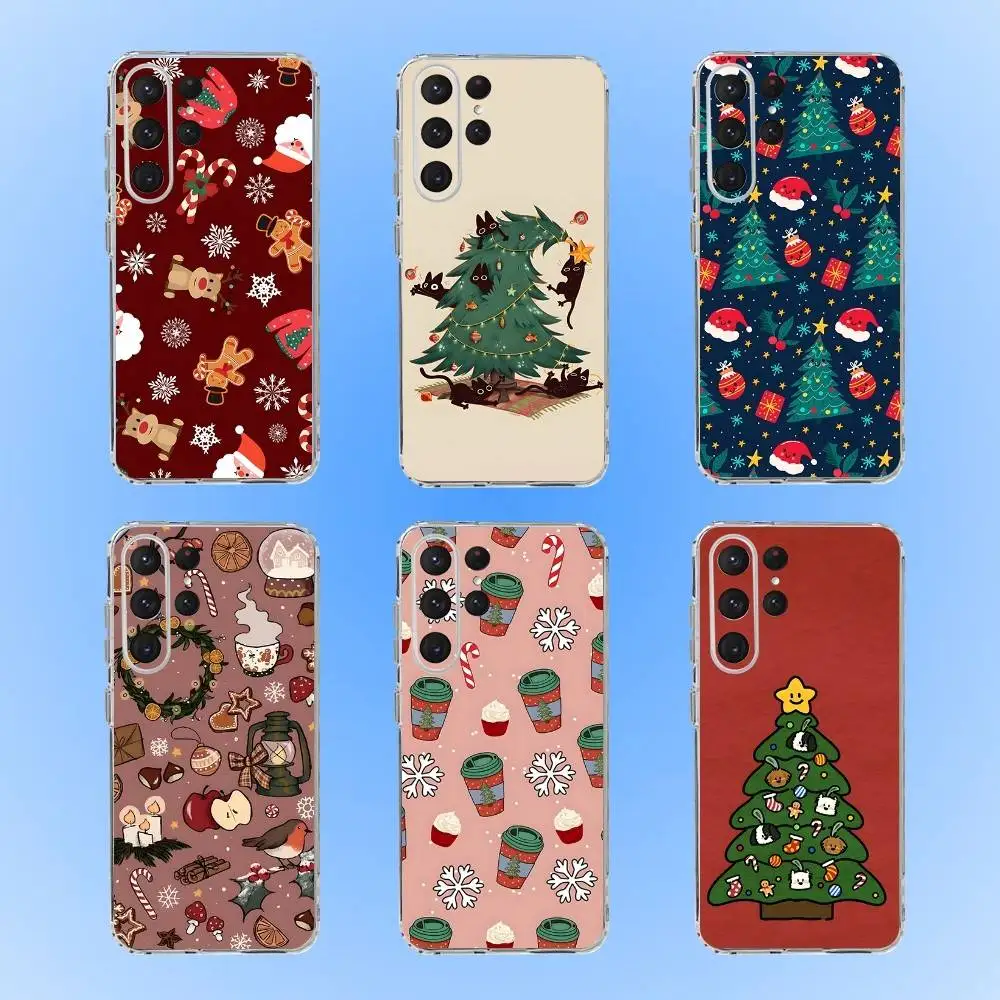 

Cute Christmas Tree Snowman Phone Case For Samsung S24,30,21,22,23,20 FE,lite,PIus,Ultra,5G,Note,9,10 Transparent Cover
