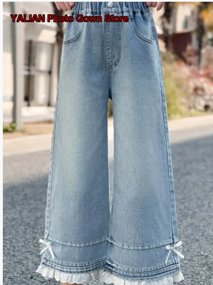 Girls Denim Wide Leg Pants Kids Summer Thin Breathable Embroidered Capri Pants Older Kids