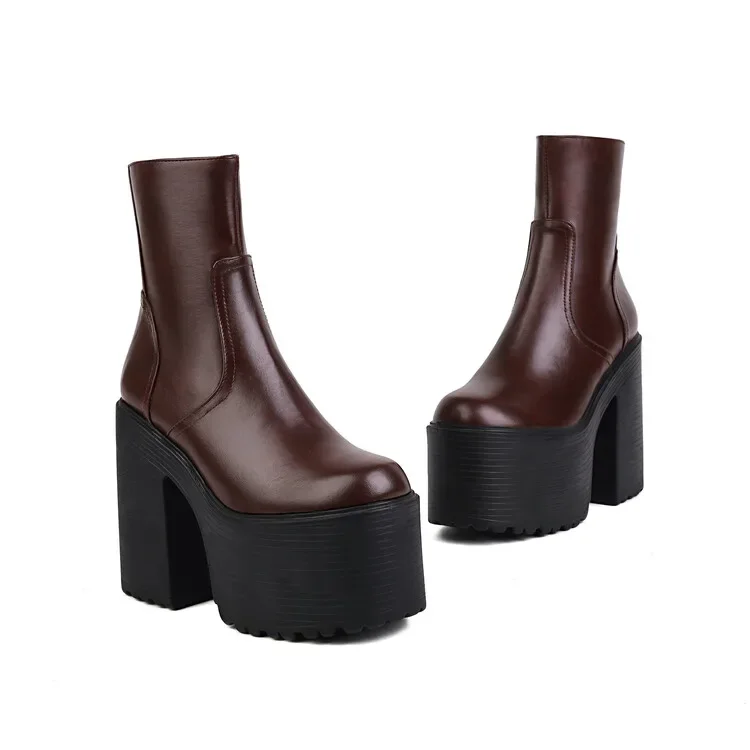 Big size Oversize Large size Round toe Thick Heel platform boots Height Increasing womens fashion boots Women shoes leather