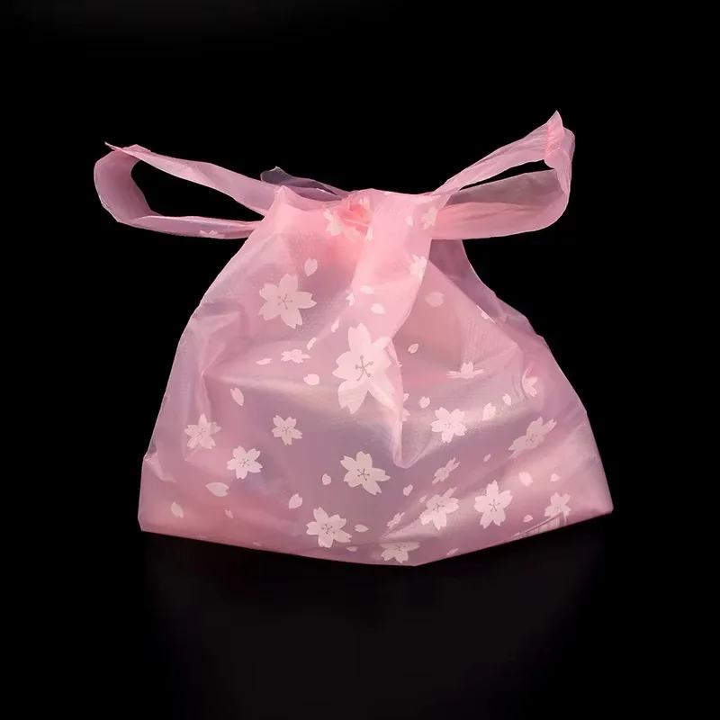 100 Pcs Sakura Plastic Bag with Handle 4 Sizes Fresh-keeping Candy Wedding Cartoon Gift Shopping Kitchen Storage Organization