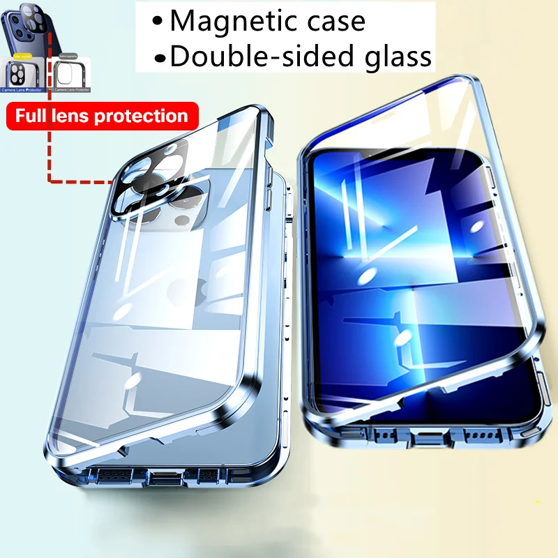 

360°Full Protective Magnetic Case for IPhone 13 12 11 Pro Max 13mini 12Mini Double Sided Glass with Camera Lens Protection Cover