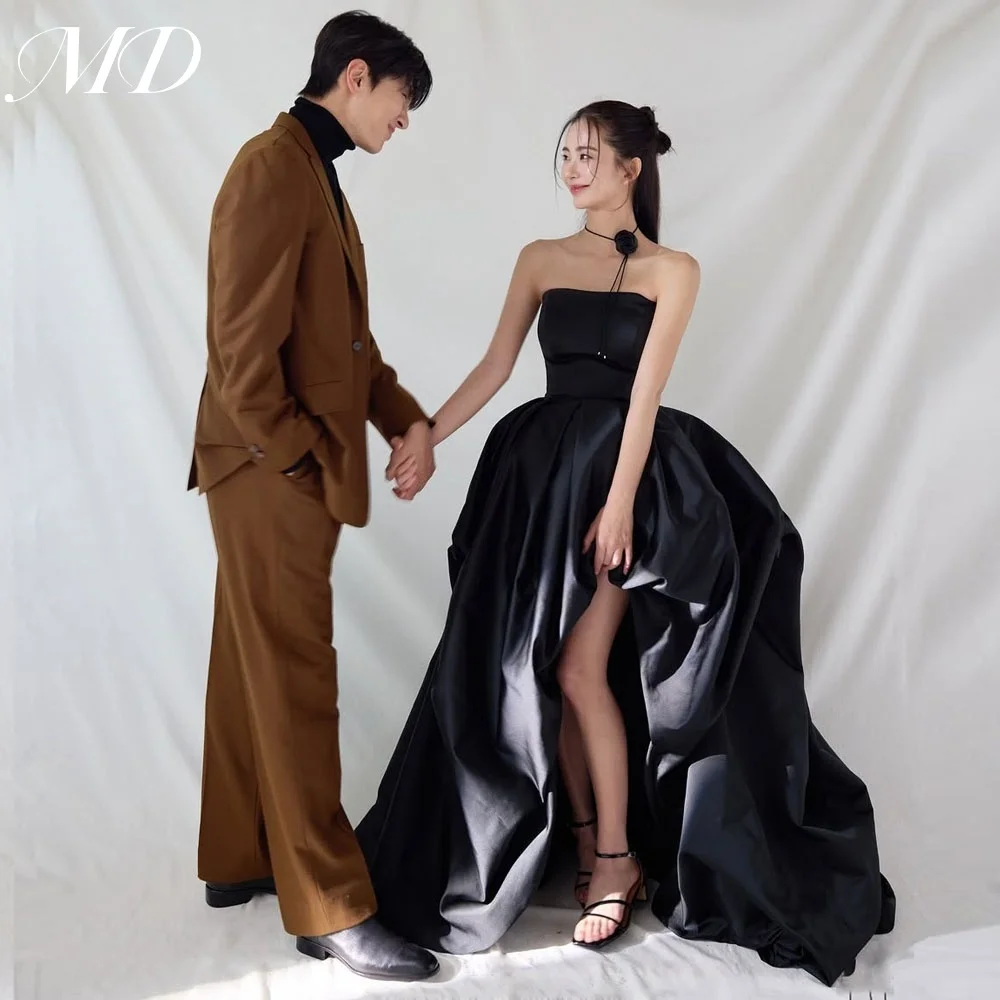 

MD 2025 Black A-line Wedding Dresses Satin Strapless High-Low Bridal Gown Sleeveless Korea Photo shoot Evening Dress Customized