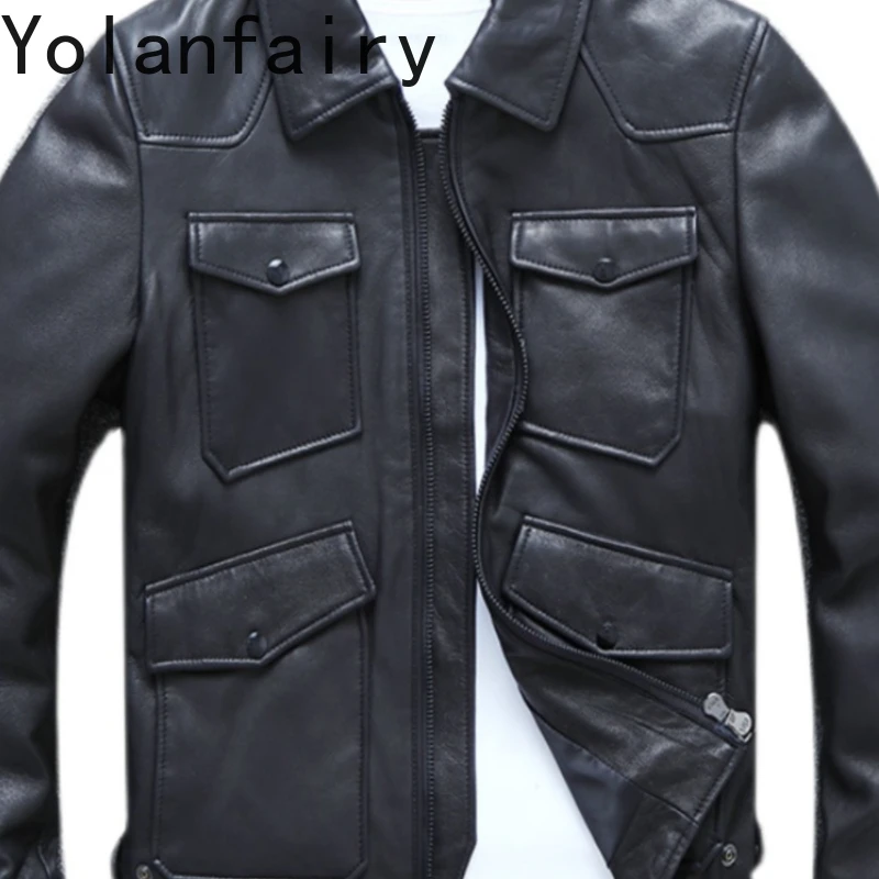 YOLANFAIRY Goatskin Real Leather Jackets for Men Same Style Celebrity Sun Honglei Fashion Spring Autumn Slim Motorcycle Jacket