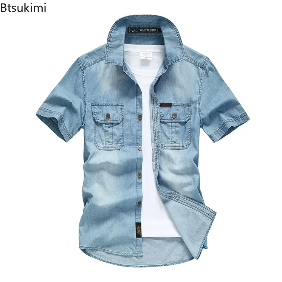 2025 Herren Sommer Kurzarm Denim Shirts Doppeltasche Feste Beiläufige Cowboy Jeans Shirts Männer Designer Blaue Bluse Shirts M-5XL