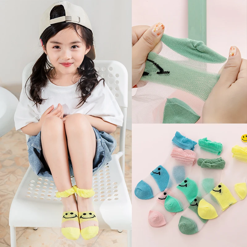 Children smile face ice silk pile stockings girl summer breathable cute super cute princess short socks baby summer tube socks