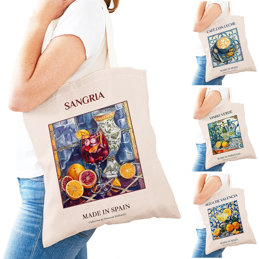 Agua De Valencia Maiolica bolso De mano para mujer bebida española cocina plegable ligero bolso De hombro bolsas De compras reutilizables