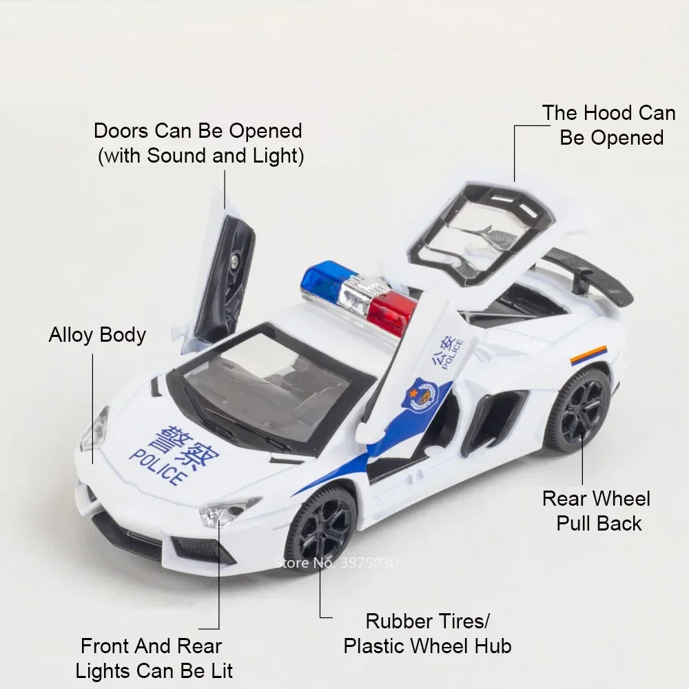 1:32 Alloy LP740 Police Cars Model Diecast Toys 3 Doors Opened Vehicle Wheel Pull Back Rubber Tires Toy Car Boy Decoration Gifts