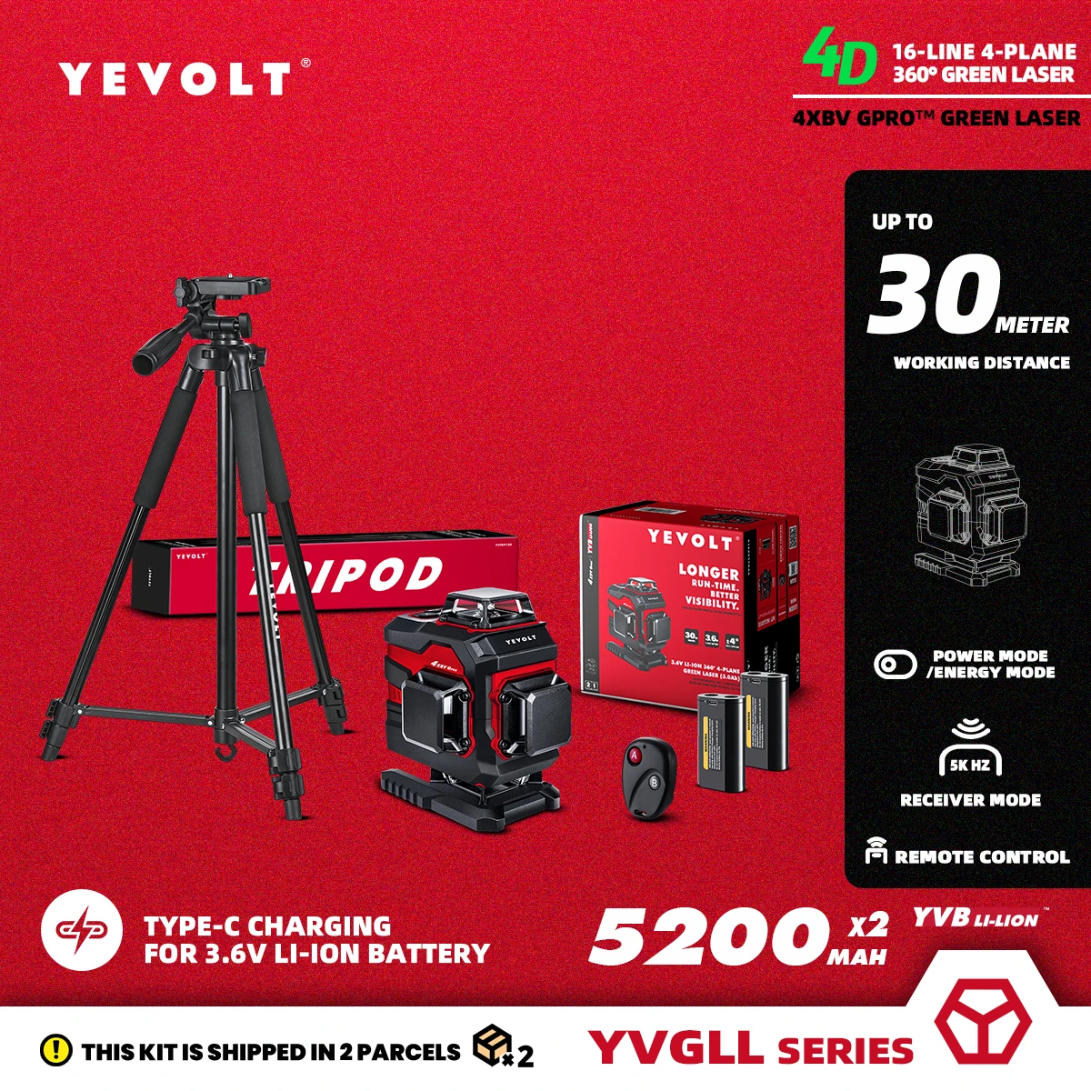 YEVOLT TP-YVGLL4XS16PRODP Green Laser Level 4-Plane 16-Line Self-leveling 360 4D - Tripod 2 x 3.6V 5.2Ah Power Measuring Tools