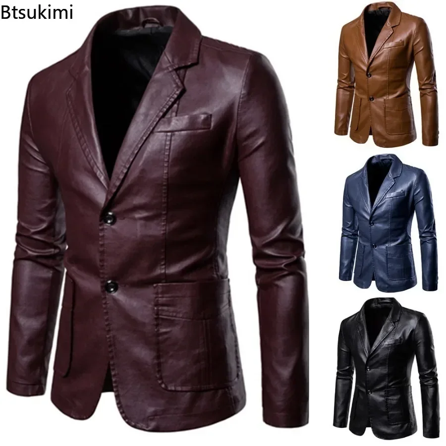 Trajes de cuero para hombre, chaquetas, Blazers, moda delgada, abrigos de cuero PU para hombre, chaquetas, abrigos, chaqueta de cuero de gran