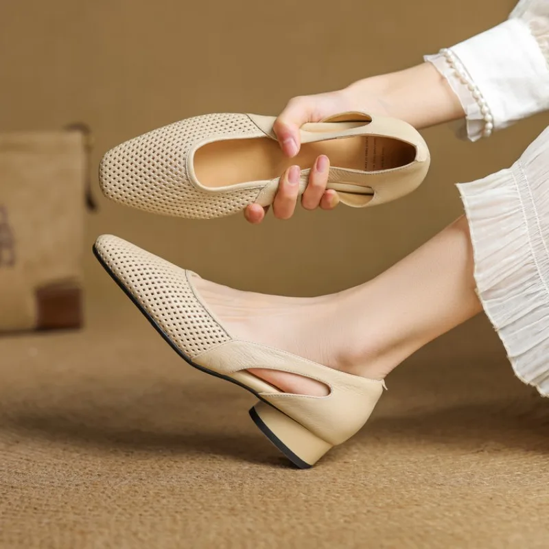 

Дизайнерские сетчатые женские туфли на среднем каблуке с квадратным носком, лето 2029, модные туфли-лодочки на массивном каблуке, элегантные одинарные туфли