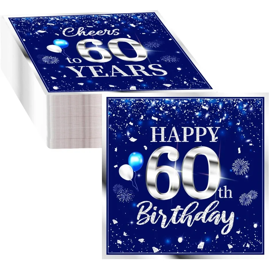 40Pcs 60th birthday pkins Party Decorations 60 Years Old Sliver Blue Disposable Birthday Beverage Dessert Cake Table Decoration