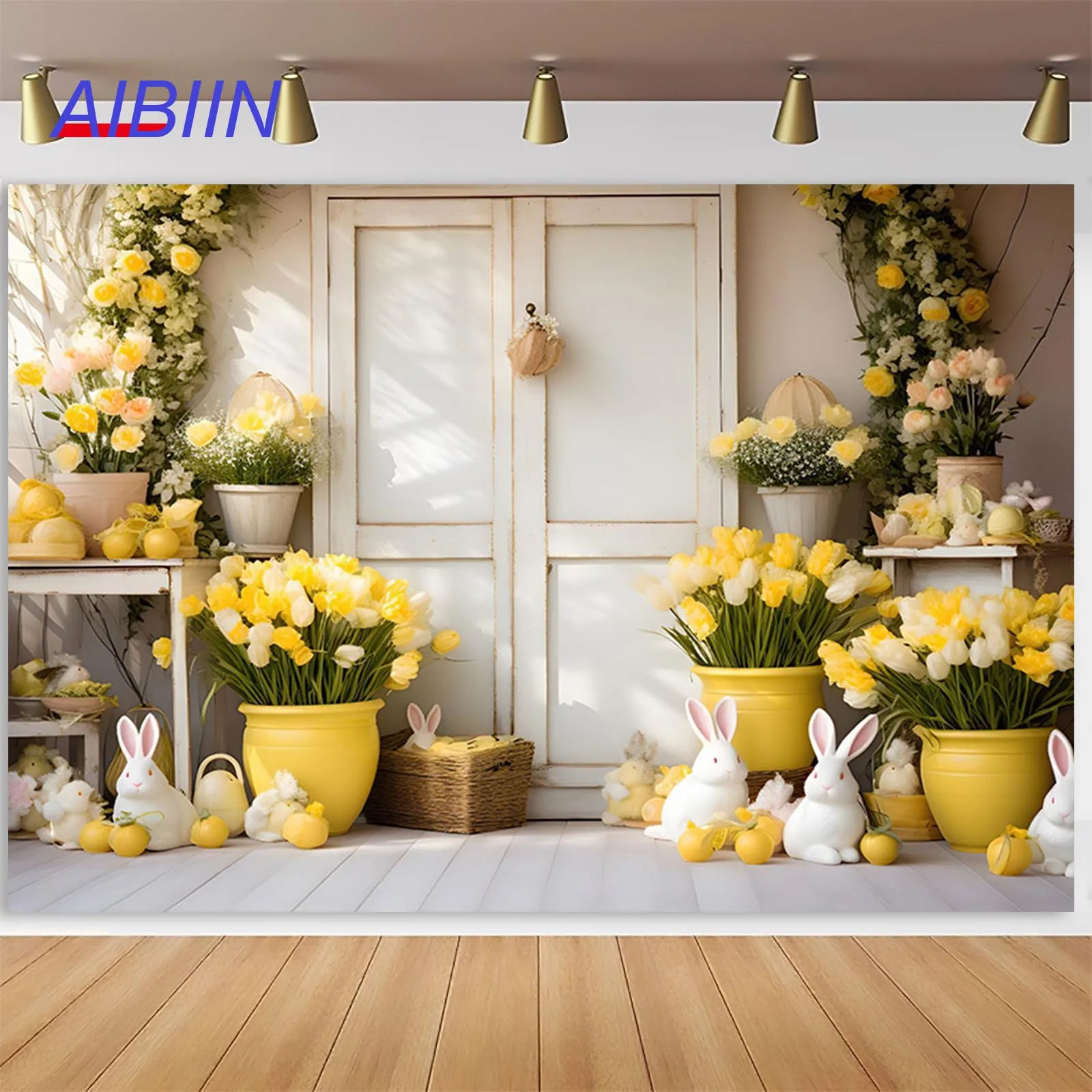 AIBIIN Spring Rabbit Photography Backdrop Easter Bunny Egg Flower Door Kids Birthday Cake Smash Portrait Party Decor Background