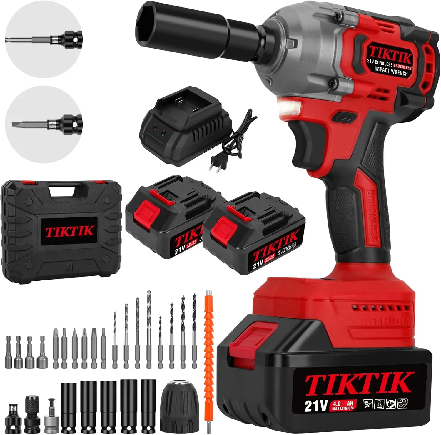 Tiktik 600N.M Compact Impact Gun,1/2 Inch Cordless Impact Wrench Set,442 Ft-Lbs Power Impact Wrench W/ 2X4.0Ah Battery & 5