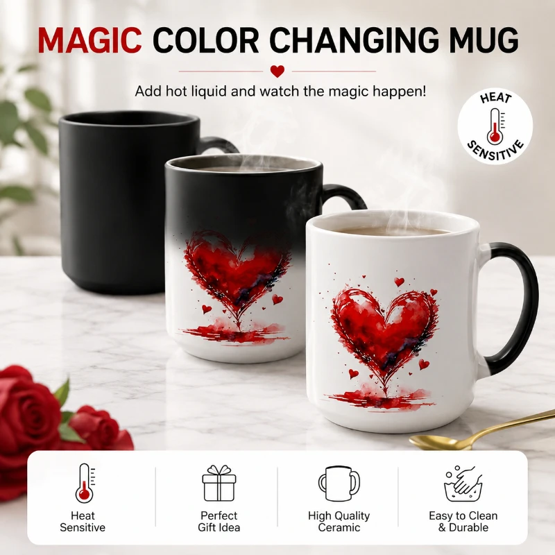 1 Keramikbecher, farbwechselnder Wasserbecher, herzförmiger Griff, Tasse, Kaffeetasse, Liebesdruck-Stil, perfektes Geburtstagsgeschenk.
