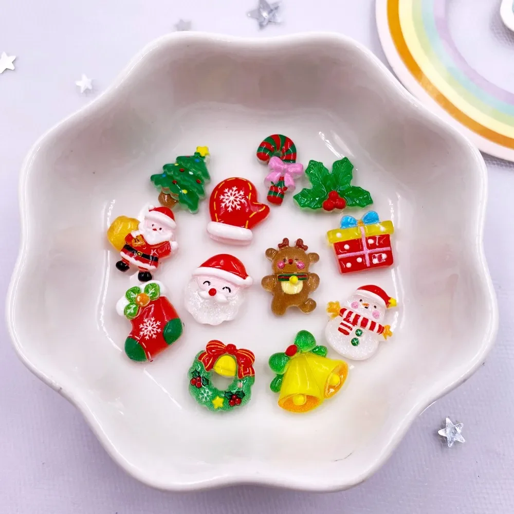 40pcs Resin Mini Colorful Christmas Snowman Tree  Santa Claus Bear Flat back Rhinestones Figurine Nails Art DIY Scrapbook Crafts