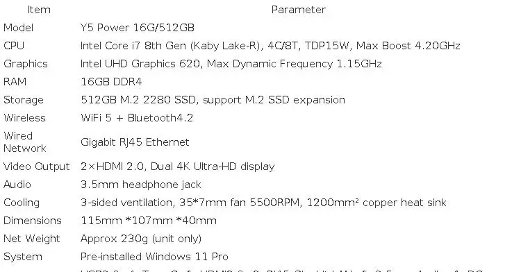 SOYO Y5 Power Mini PC Intel Core i7-8650U CPU(8M high-speed cache, up to 4.20 GHz) LPDDR4 16GB RAM 512GB M.2 SSD 4K Triple Display WIF5/BT5.0 Mini Computers