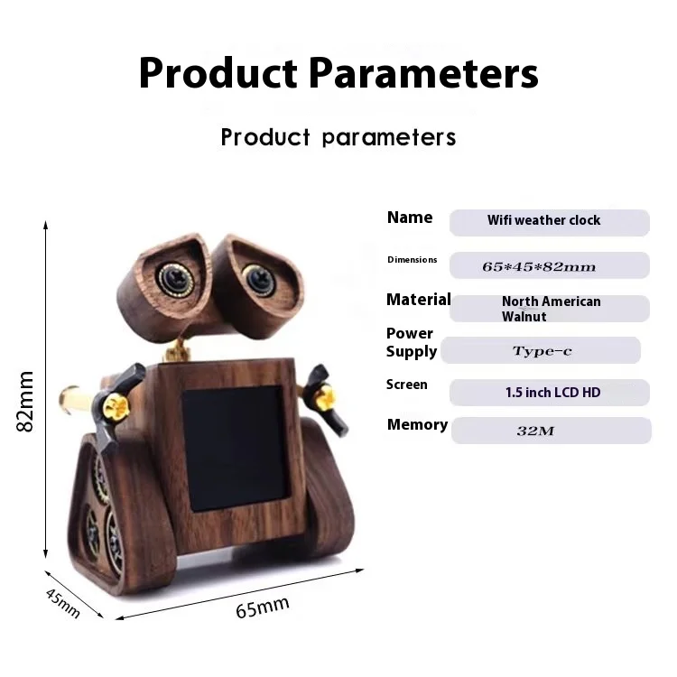 WiFi Weather Desk Clock with SD2, Creative Wooden Robot for Smart Home