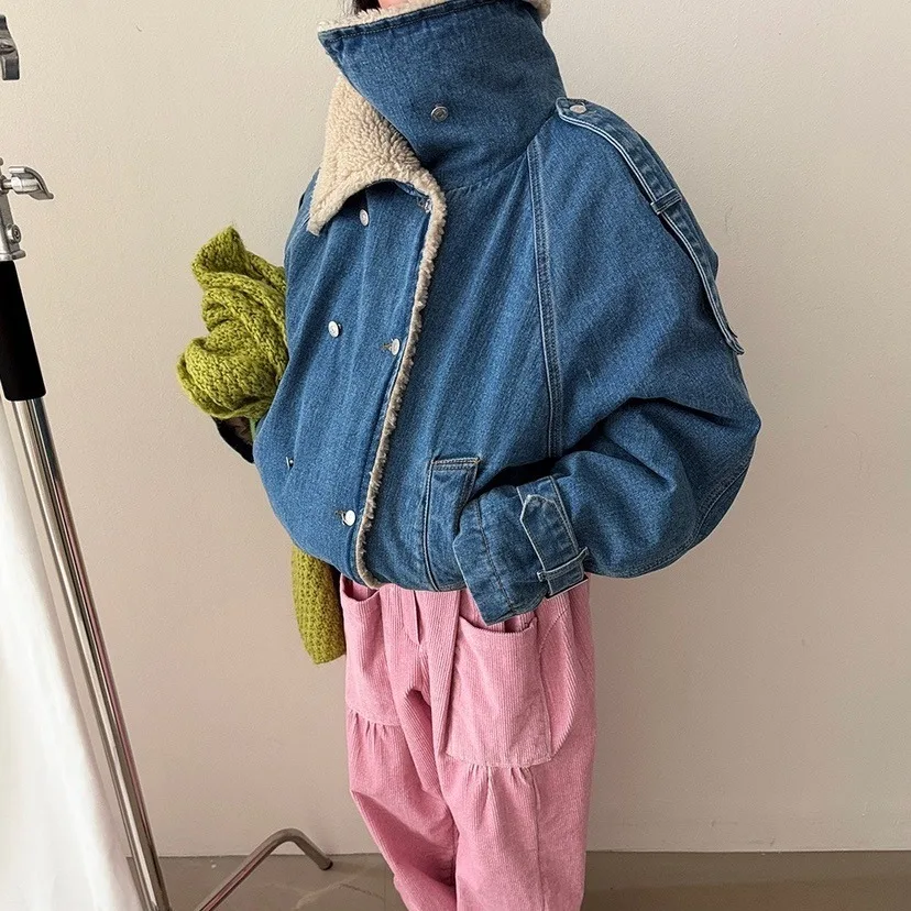 

Women's Denim Jaet Loose Long Sve Double Button Pure Color Autumn Winter Faion Chic Outerwear Ladies ort Coat