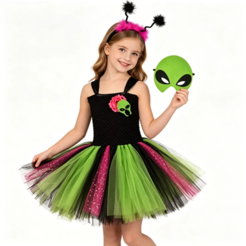 Girls Alien Space Themed Tutu Dress Set With Antenna Headband & Alien Mask,   Kids Sci‑Fi Costume For Halloween Theme Party