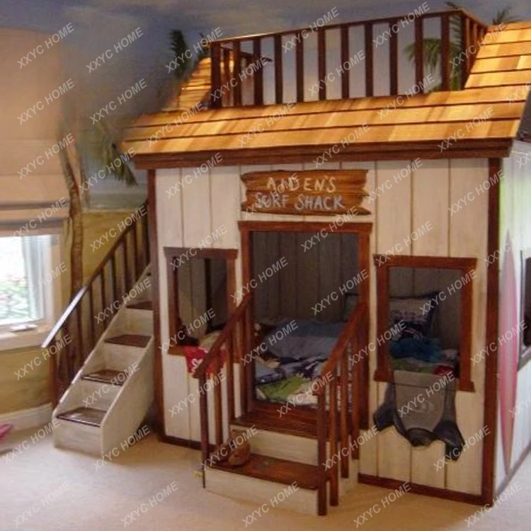 Customized Solid Wood American Children's Tree House Bed House up and down Height-Adjustable Bed Cartoon Boys and Girls Bunk Bed