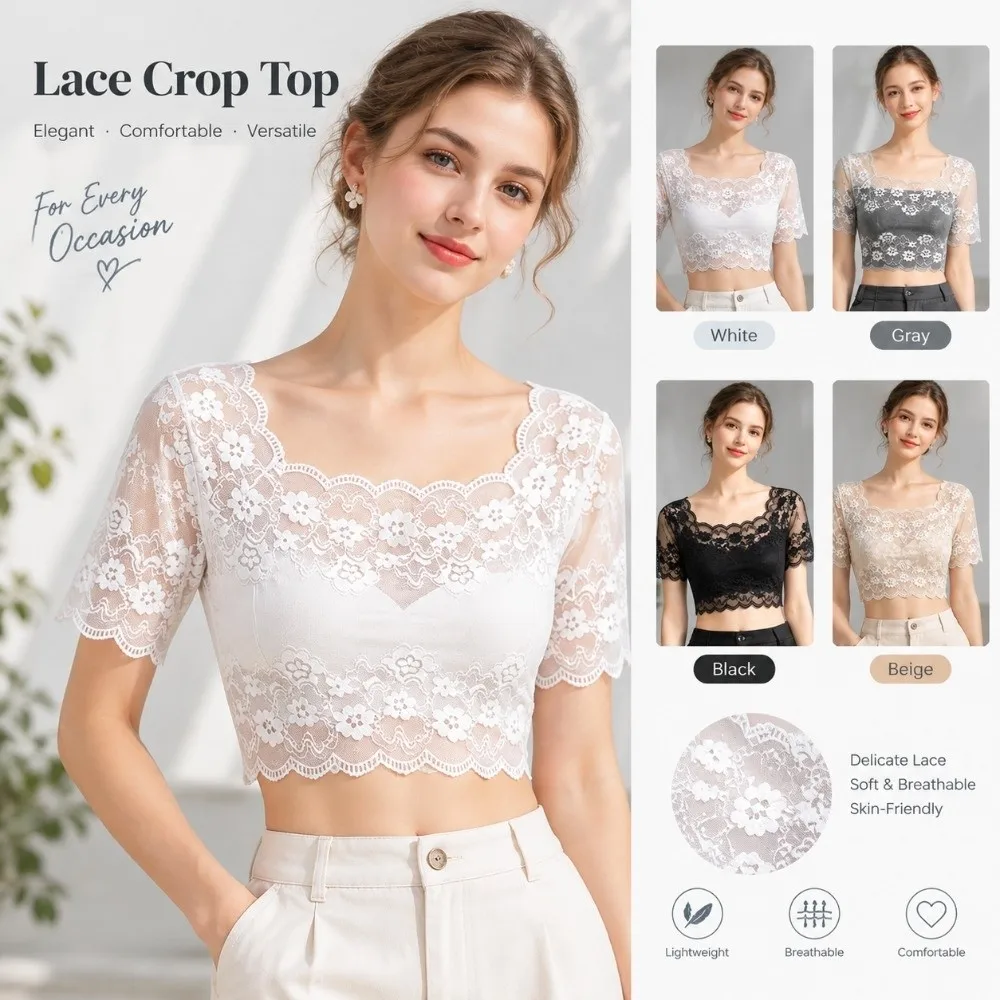 Cool Nylon Lace Short Sleeve Top Short Sleeve Thin Light Fabric Hollow Out Layering Tee Breathable Sheer Mesh Blouse Women