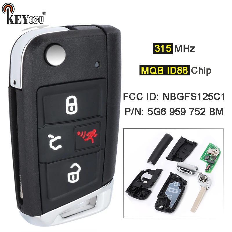 KEYECU 315MHz MQB48 Chip 5G6 959 752 BM NBGFS125C1 Smart Remote Key Fob for Volkswagen VW Golf Jetta GTI 2018-2021