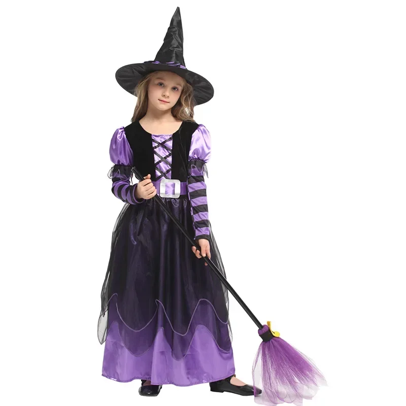 Halloween Mädchen Hexenkostüm Kinder Hexe Langes Kleid mit Hut Kleidung für Kinder Cosplay Party