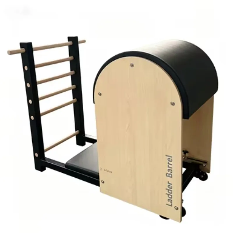 Maple Wood Pilates Ladder Barrel with Solid Black Steel Base, Stable Training Gear for Home Pilates Practice