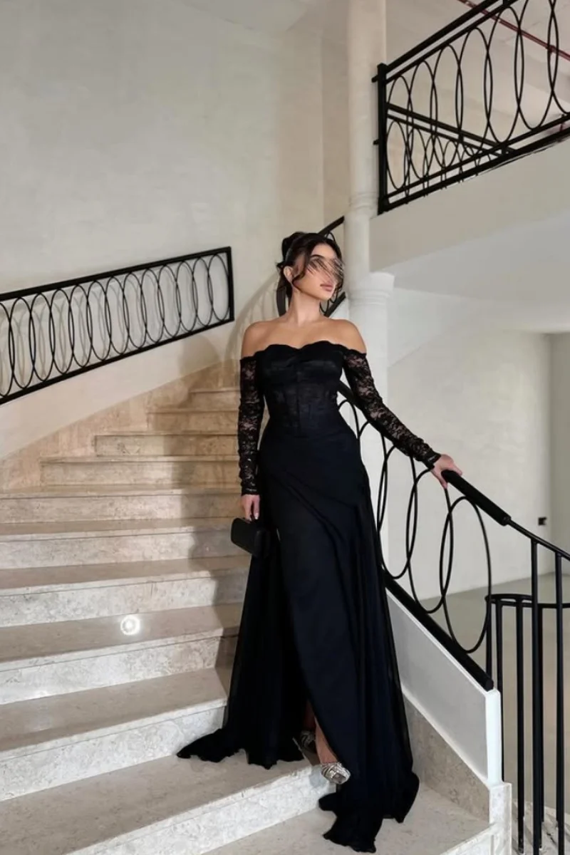 Jessica Spitze Lange Ärmel Abendkleider Schwarze Meerjungfrau Seitenschlitze Ballkleider Off-Shoulder Damen Robes De Soirée Maßgeschneidert