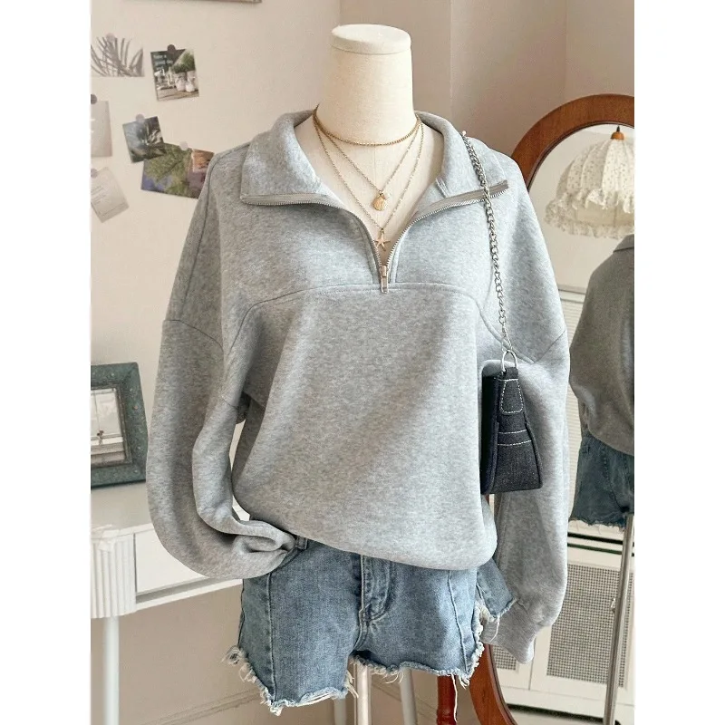 

2025 New Autumn and Winter Fleece Thickened Semi-zipper Solid Color Loose Lapel Sweater Jacket Top Y2K