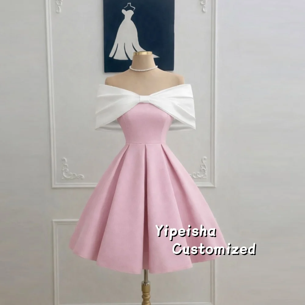 

Pink Off Shoulder Evening Dresses For Women Modest Satin A Line Ruched Wedding Prom Gowns Contrast Color Party Dress Customized