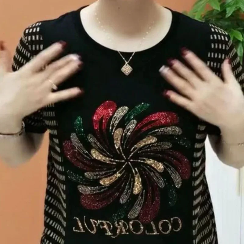 女性用半袖ルーズフィットシャツ,ハイウエスト,ルーズフィット,エレガント,ファッショナブル,プリント,ストライプ,クルーネック,シック,y2kトップス,夏,ニュー,2024