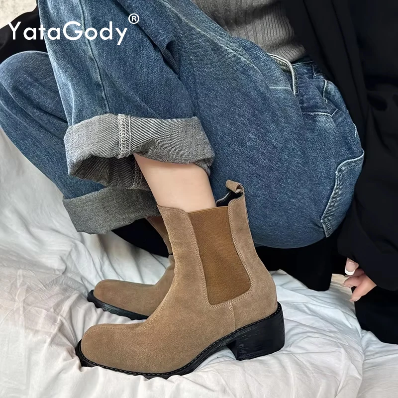 

YATAGODY Size 34-39 Women Chelsea Boots Ankle High Suede Real Leather Chunky Heels Elastic Short Booties Casual Motorcycle Boots