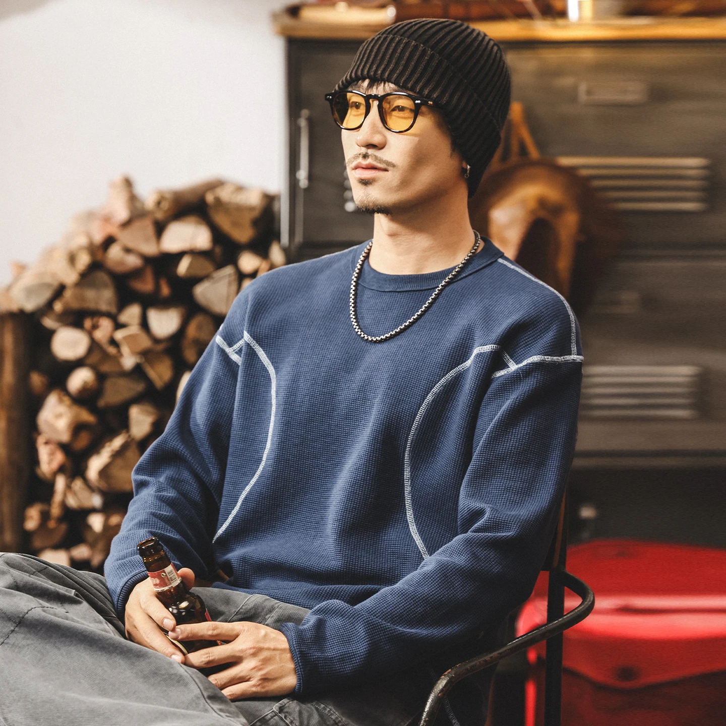 

Men's Spring and Autumn's new retro heavyweight sweatshirt, the trendy brand Waffle long-sleeved T-shirt men's top