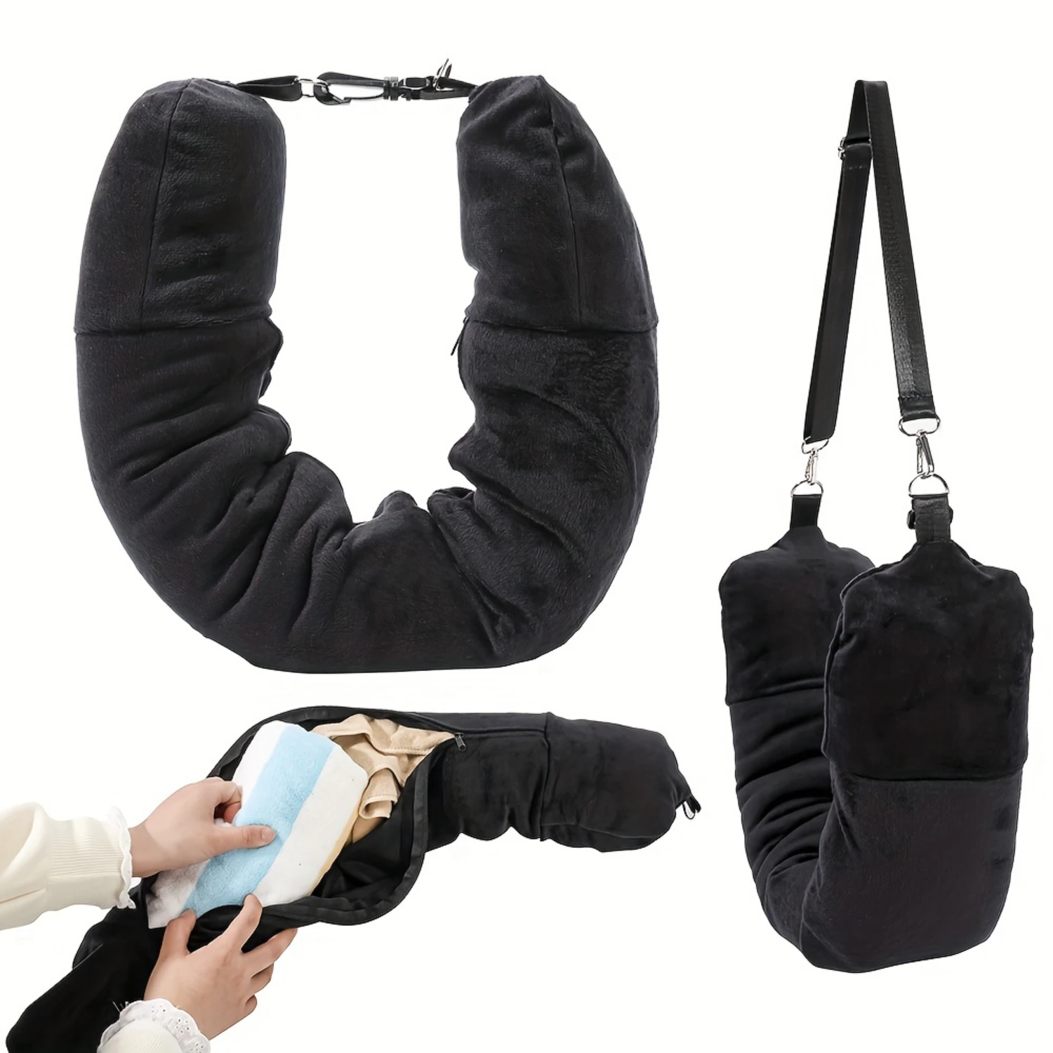 Stuffable Travel Pillow for Extra Luggage, Velvet Travel Neck Pillow  Bag with Adjustable Neck Size, Fits Up to 3 Days Travel  M