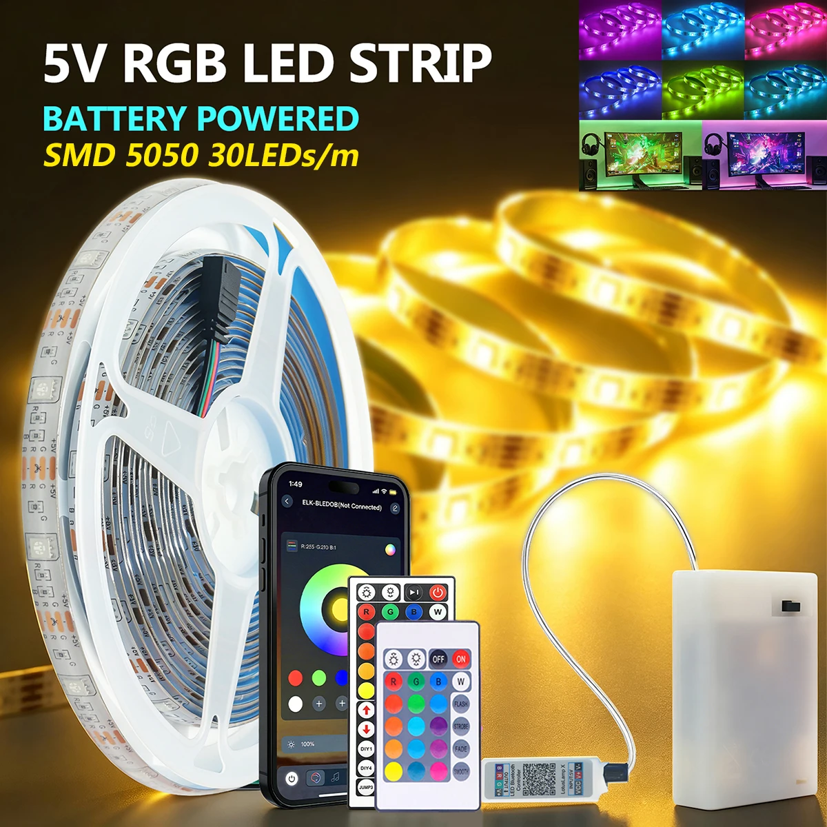 Светодиодная лента RGB 5050 30LEDs/m с Bluetooth-управлением через приложение, с батарейным блоком, гибкая лента для декора комнаты и фона телевизора