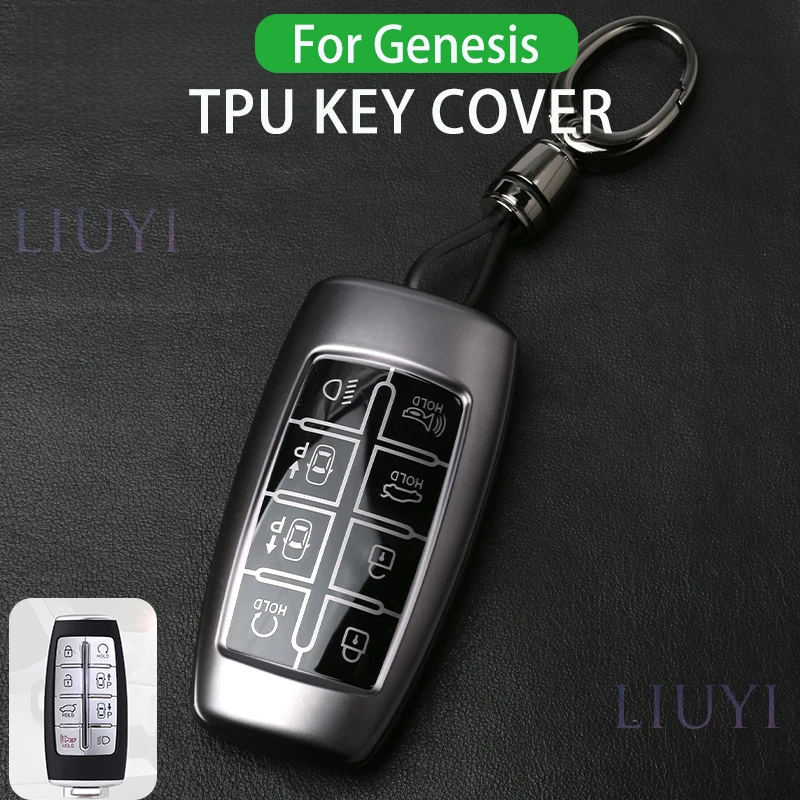 

For Genesis Key Case Hyundai GV80 GV90 G70 G80 G90 GV70 Soft TPU 8 Buttons Key Case Metallic Gray Car Interior Accessories
