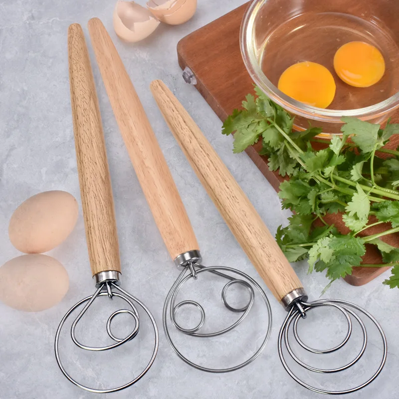 Danish Dough Whisk Stainless Steel Hand Mixer Blender Egg Beater Poking Bar Pastry with Wooden Handle Baking Tools