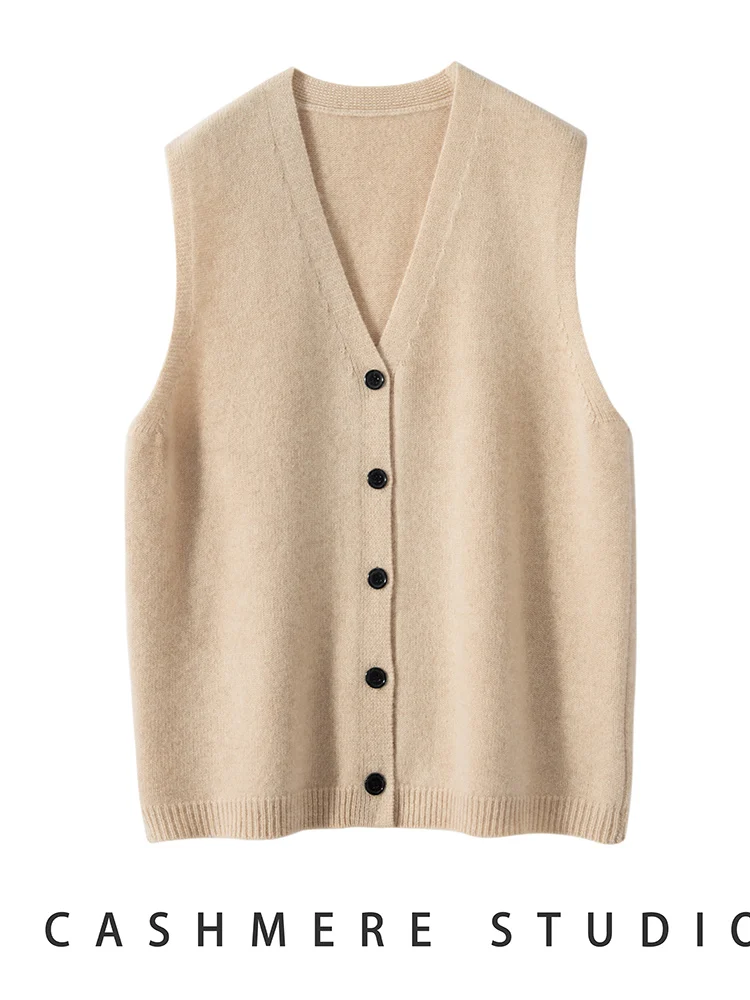

Women's 100% Goat Cashmere Knit Waistcoat Autumn Winter Loose V- Neck Solid Knitting Sleeveless Cardigan Cashmere Sweater Vest
