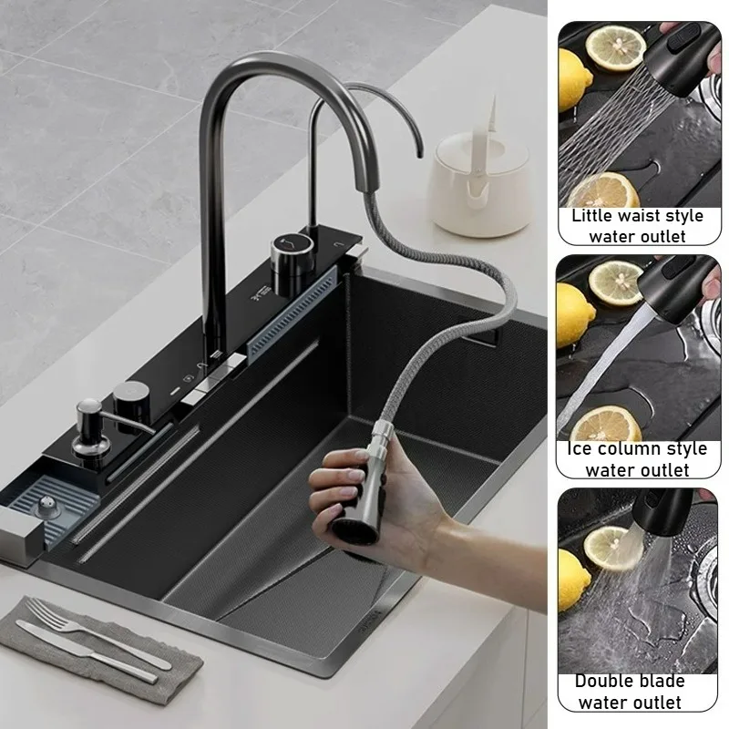 

304 Stainless Steel Smart Kitchen Waterfall Sink Multifunctional Digital Display Faucet Soap Dispenser Cup Washer