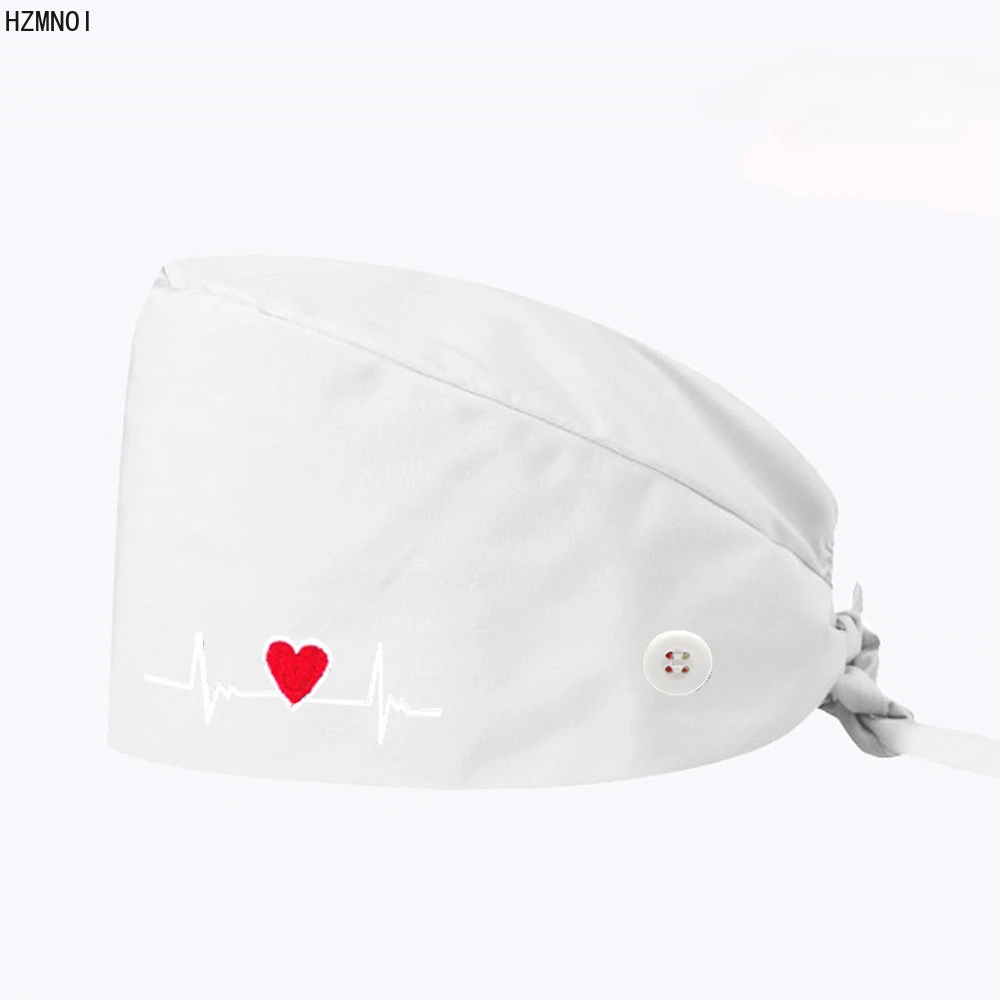 Gorro bordado con forma de corazón para mujer, gorro de enfermera con botones, para salón de belleza, farmacia, laboratorio, mascota, médico quirúrgico, sala de operaciones