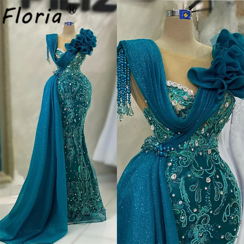 Elegant Dubai Beaded Mermaid Evening Dresses Crystal Lace Finges Prom Dress with Side Tail Party Gown Customized Robe de soiree