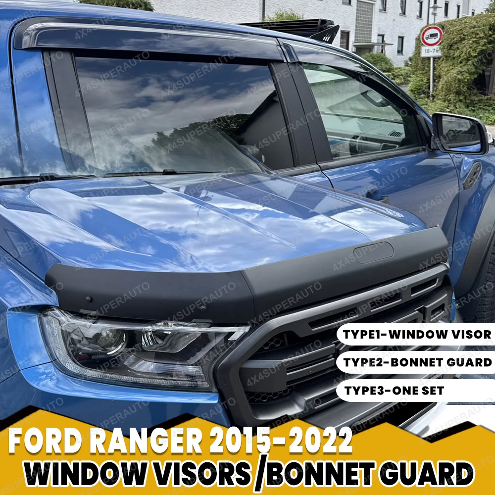 Kit Deflettori per Finestrini e Protezione Cofano per Ford Ranger T7 T8 2015-2018 2019-2022 Wildtrak Double Cab, Set Protezione Cofano Antipioggia