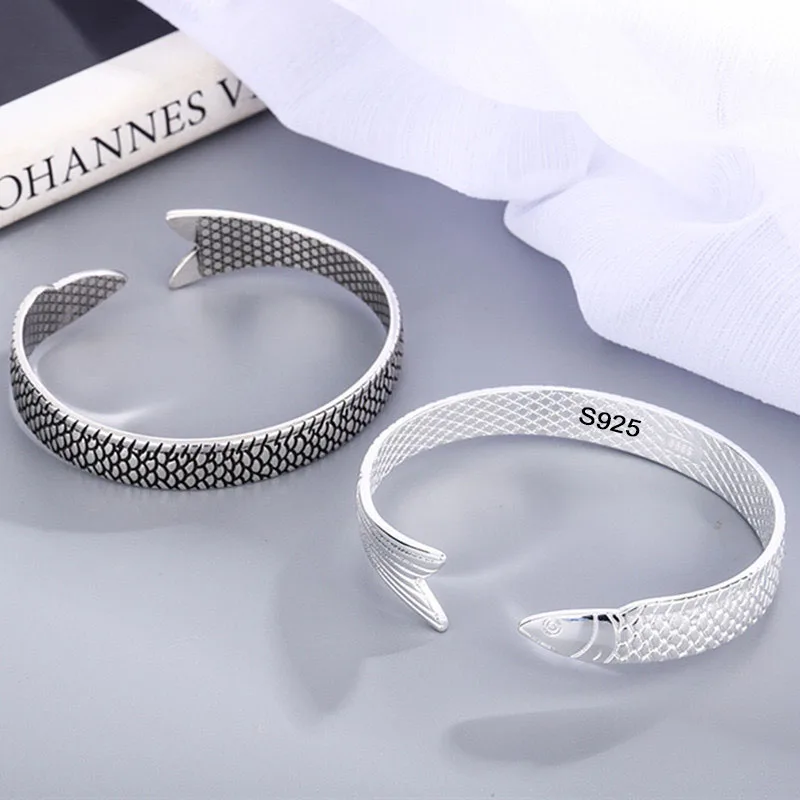 925 Sterling Silver Bracelets for Women Men String Accessories Trend Vintage Fish SHape Pendant Party Jewelry Gift