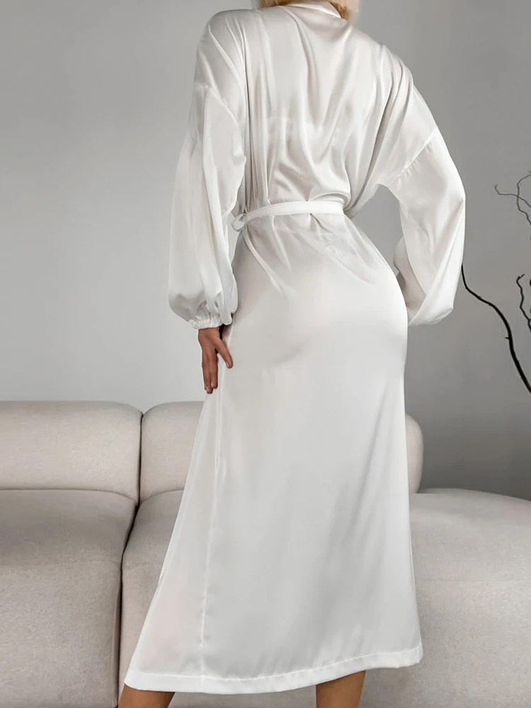 Linad White Robes For Women Loose Long Sleeve Sleepwear Sashes Autumn Casual Bathrobe Female Elegant Solid Woman Clothes 2024