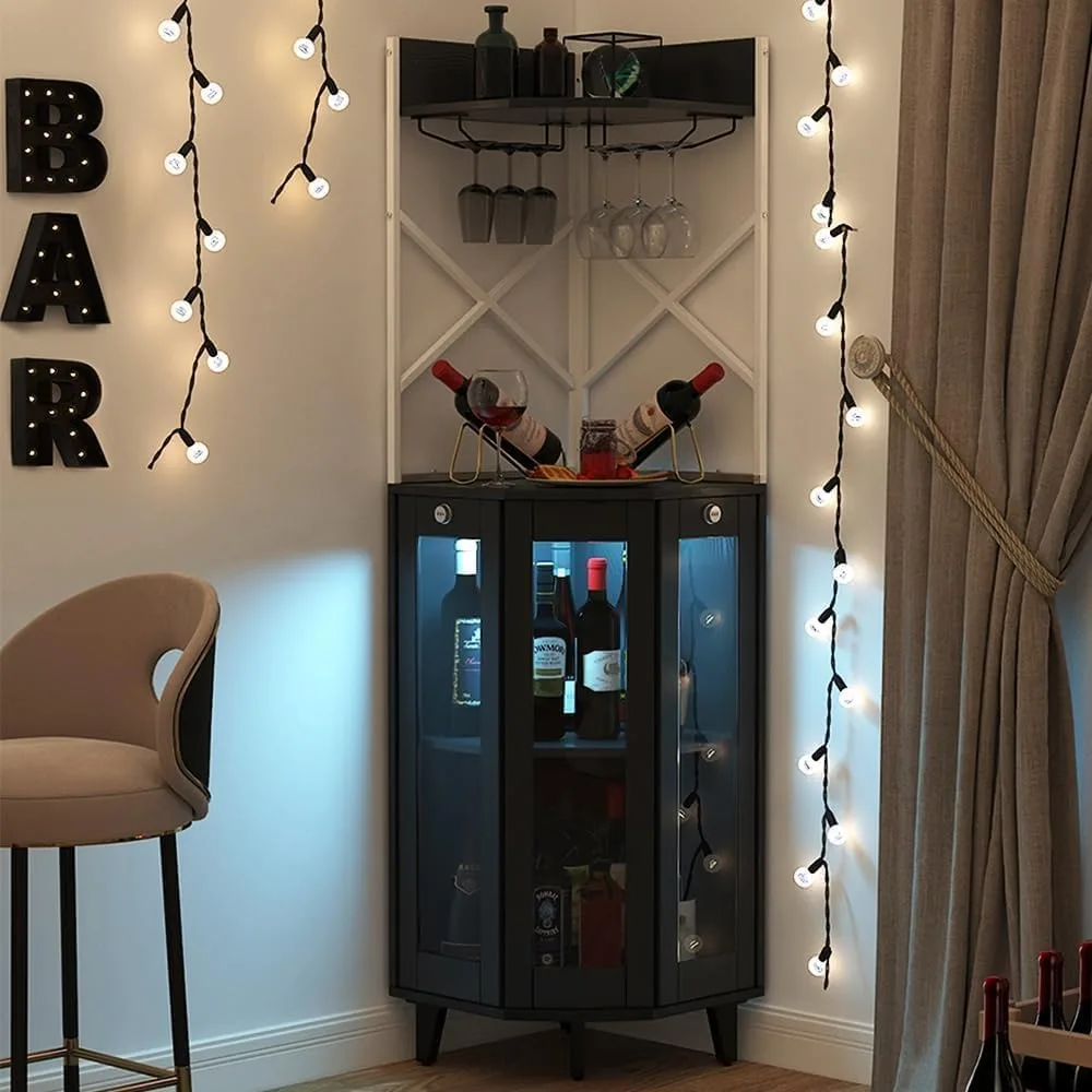 

Corner Wine Cabinet with Lockable Glass Door & LED Light, 4-Tier Liquor Bar Unit, Modern Farmhouse Home Bar for Kitchen/Dining