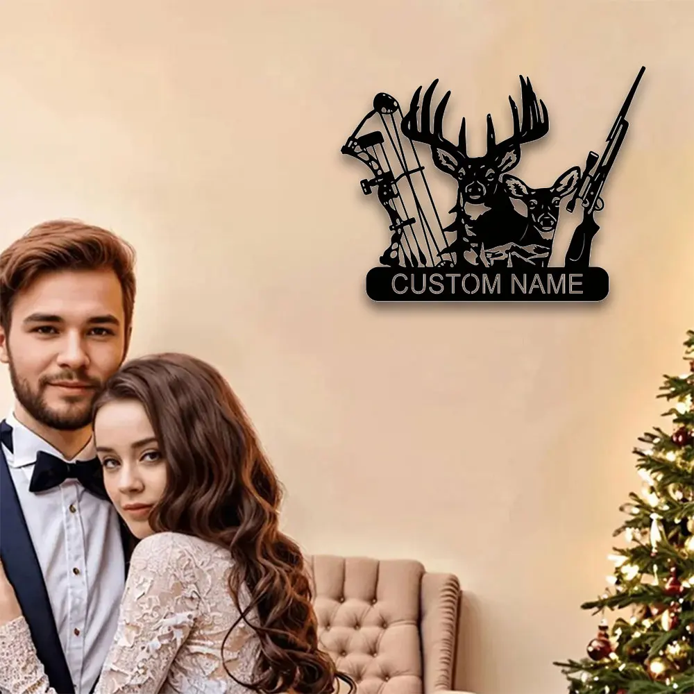 Customized Deer Hunter Metal Sign Personalized Bow And Rifle Design Wall Decor for Hunting Enthusiasts Easy Install Adhesive Inc
