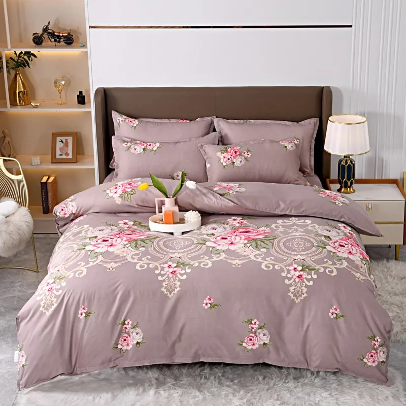 4pcs Mauve Base Rose Floral Bedding Set, Soft Breathable Bed Linen with Duvet Cover, Pillowcases & Sheet, Full/Queen/King Size