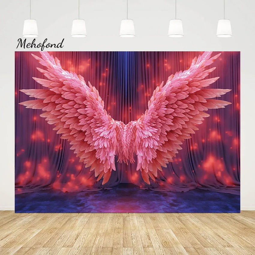 Mehofond Pink Wings Stage Photography Background Princes Girl Birthday Party Maternity Portrait Neon Curtain Decor Backdrop Prop